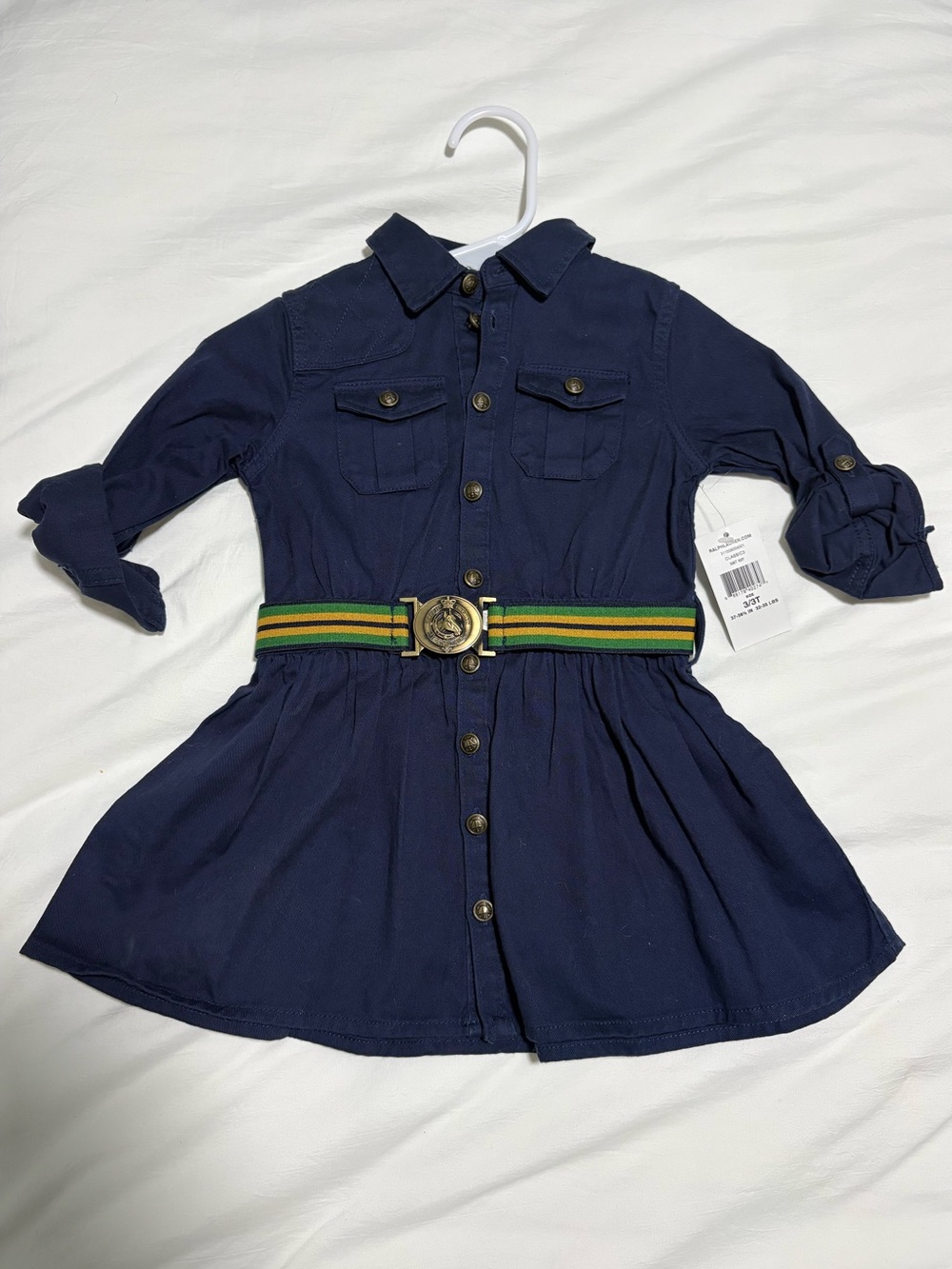 NWT Ralph Lauren Girls 3T Navy Blue Dress Braided Belt Brass Equestrian Buckle